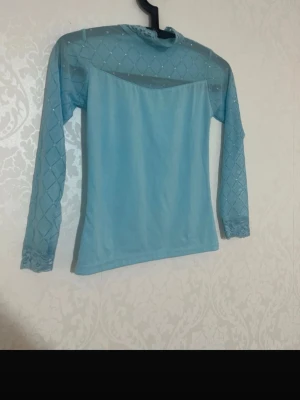 Ljusblå mesh topp med pärldetaljer - Säljer en ljusblå mesh topp med långärmade transparenta ärmar dekorerade med pärlor och rutmönster. Toppen har hög hals och en mjuk, stretchig passform. Perfekt för dig som vill sticka ut med en unik och trendig look.