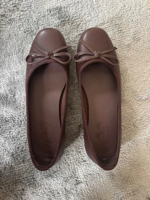 Bruna ballerinaskor med rosett - Snygga bruna ballerinaskor i ett matt material med rund tå och dekorativ rosett framtill. Skorna har en klassisk siluett och låg sula, perfekta för en stilren look. Endast använda en gång !