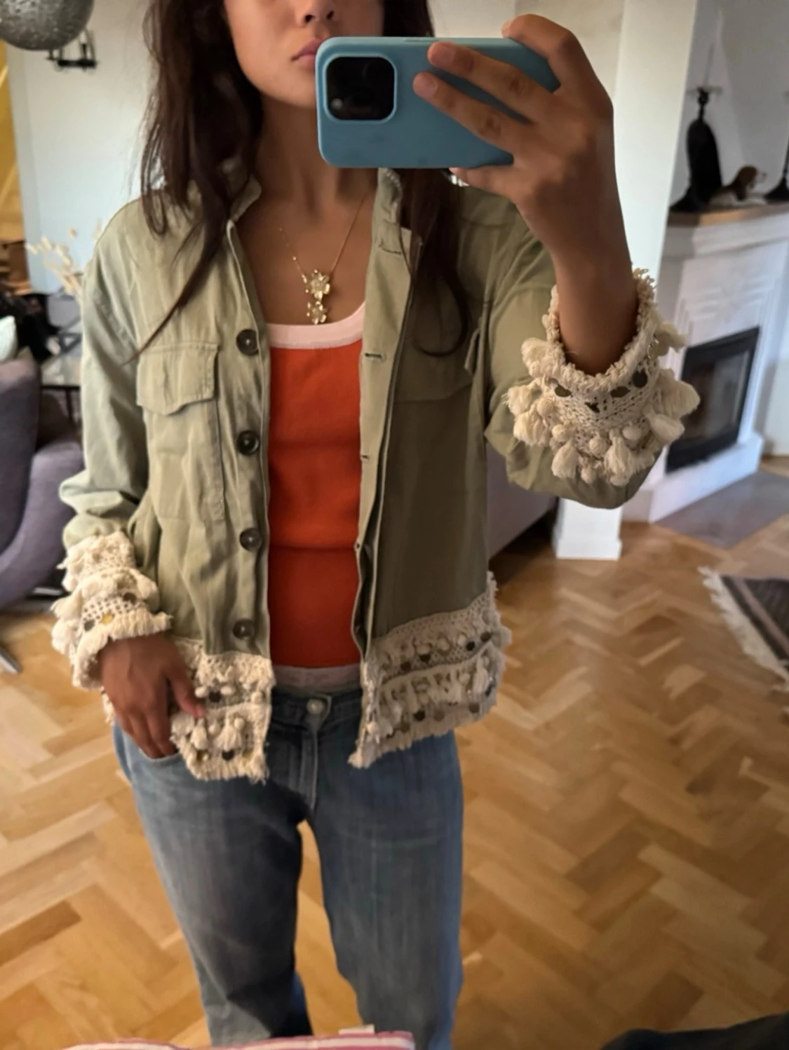 Grön jacka med virkade detaljer - 5