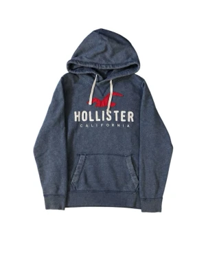 Blå hoodie från Hollister med logga - Snygg blå hoodie från Hollister med stor vit logga och röd fågel på bröstet. Klassisk känguruficka framtill och vita dragsnören i huvan. Mjuk insida och avslappnad passform, perfekt för chill dagar. Tillverkad i bomullsblandning.