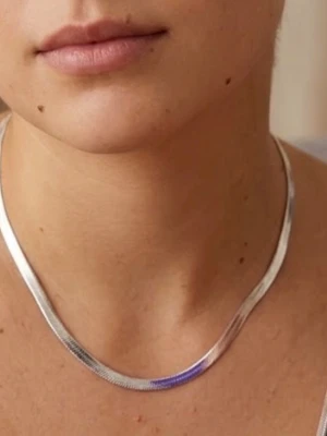 Silvrigt platt halsband - Snyggt och stilrent halsband i silver metall med platt, ormliknande design. Halsbandet ligger tätt mot halsen och har en slät, glänsande yta som ger en modern och minimalistisk look. Perfekt för att lyfta vilken outfit som helst.kan träffa i Göteborg 
