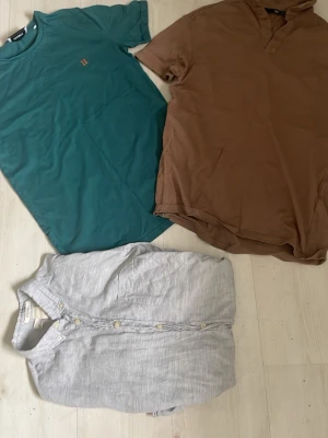 Två  t-shirts i olika färger1 Skjorta  - Säljer två  t-shirts: en turkos med liten broderad detalj på bröstet, en brun med krage och knappar samt en ljusgrå med knappar framtill. Perfekta till sommaren och i sköna material som bomull och linne.samt 1 skjorta alla i S 