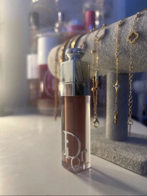 Dior läppglans i nude-brun ton - Snyggt läppglans från Dior i en nude-brun färg. Kommer i en elegant fyrkantig tub med silverlock och tydlig Dior-logga på framsidan. Perfekt för dig som gillar en naturlig look med lite extra glans.
