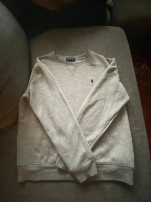 Grå tröja från Polo Ralph Lauren - Klassisk grå sweatshirt från Polo Ralph Lauren med rund halsringning och diskret broderad logga på bröstet. Tröjan har långa ärmar, ribbade muddar och är tillverkad i mjukt material som passar perfekt till en avslappnad stil. Perfekt till Vintern. Har bara en liten fläck som syns på näst sista bilden. Storlek 160 ish. Längd: 57cm
