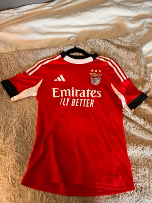 Benfica matchtröja röd Adidas - Säljer en röd Benfica matchtröja från Adidas med vita och svarta detaljer. Tröjan har klubbmärke, sponsortryck och nummer 21 med namnet Schjelderup på ryggen. Korta ärmar och sportig passform, perfekt för fotbollsträning eller match.