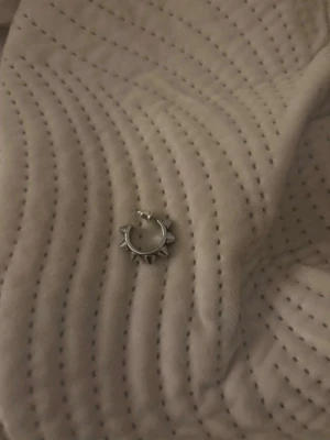 Silvrigt örhänge med nitar : Edblad  - Säljer ett coolt silvrigt örhänge i form av en liten ring med spetsiga nitar runt om. Örhänget har en modern och edgy design, perfekt för dig som gillar att sticka ut. Materialet ser ut att vara metall i silverfärg. Säljer ett örhänge då jag har tappat bort andra men det är smart att köpa om man ockås har tappat bort en och inte vill köpa för nypris! 