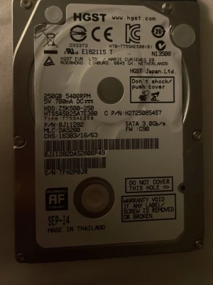 HGST 250GB 2.5" SATA hårddisk - Säljer en HGST 2.5-tums hårddisk med 250GB lagringsutrymme och SATA 3.0Gb/s anslutning. Hårddisken har 5400RPM och är tillverkad i metall och plast. Perfekt för laptop eller extern lagring.