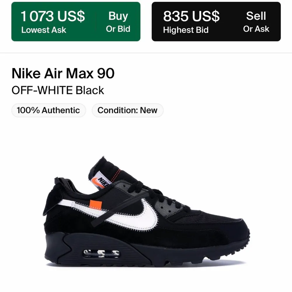 Nike Air Max 90 Off White, Us 10/44, bra skick 8/10. Allt orginal finns: kvitto, låda, tag, skosnören. Skor.