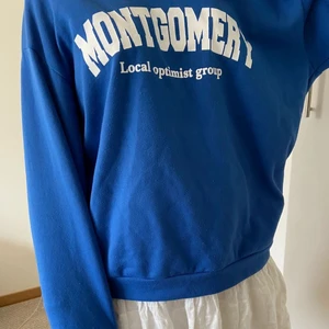 Collagetröja i blått - OBS första två bilderna är lånade för att visa passform!! Supersöt tröja, endast testad och aldrig använd. Jätteskönt material och inte noppig (se sista bild). Passar overzized på en XS eller S. Säljer för 50kr eller 110kr inkl. frakt. 💕