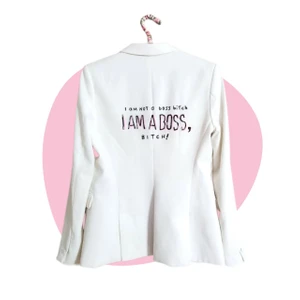 Blazer I am a boss, bitc#!  - This unique piece is an upcycled fashion item and was inspired by all the fierce women around me that inspires my work and me as a solo entrepreneur.  Size 38.  *The yellowish is from the shadow, not from the garment.   Good! ♥ Has a almost imperceptible small stain on the right arm (see in the last image).  ♡ This item was previously hand washed with a non-allergenic detergent and it is ready to be part of your closet.   All products are packed in s beautiful eco-friendly package.