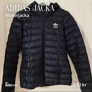 Adidas jacka - En begagnad vinterjacka som jag köpte här för 2-3 år sedan. Den har ett litet hål i fickan men det går lätt att sy ihop och ett hål inne i jacka (se bild) men det går inte igenom hela jackan.   Jag älskar denna jacka men den har tyvärr blivit för liten för mig. Priset är inte hugget i sten.  Skicka gärna iväg ett meddelandena om du är intresserad 😊👋