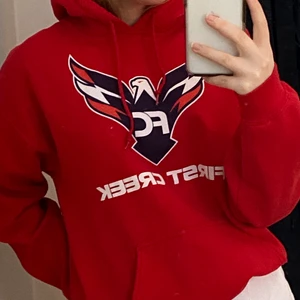 Vintage hoodie  - En röd vintage hoodie med ett coolt tryck på framsidan. Hoodien sitter som en smäck på mig som är S/M i vanliga fall. Luvan är i perfekt storlek. Tröjan faller snyggt på kroppen. Tyvärr har denna inte kommit till användning.💗🍭