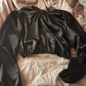 Fest topp - Svart fest topp i croppat och puffiga armar i satin, super fin toppledare lite högre krage. Använd 2 gånger så i fint skick🤍