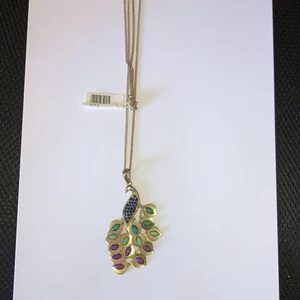 Bijouterier halsband med påfågel liknande detaljer. - Ett stort halsband med påfågel liknande dekorationer.