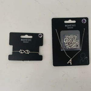 Smycken  - Längst till vänster är ett fotband. Det andra är ett halsband som man kan byta olika bokstäver på. (I plastfickan är massa bokstäver). Smyckena kommer aldrig till användning tyvärr:/ Fotbandet: 40kr Halsbandet: 60kr