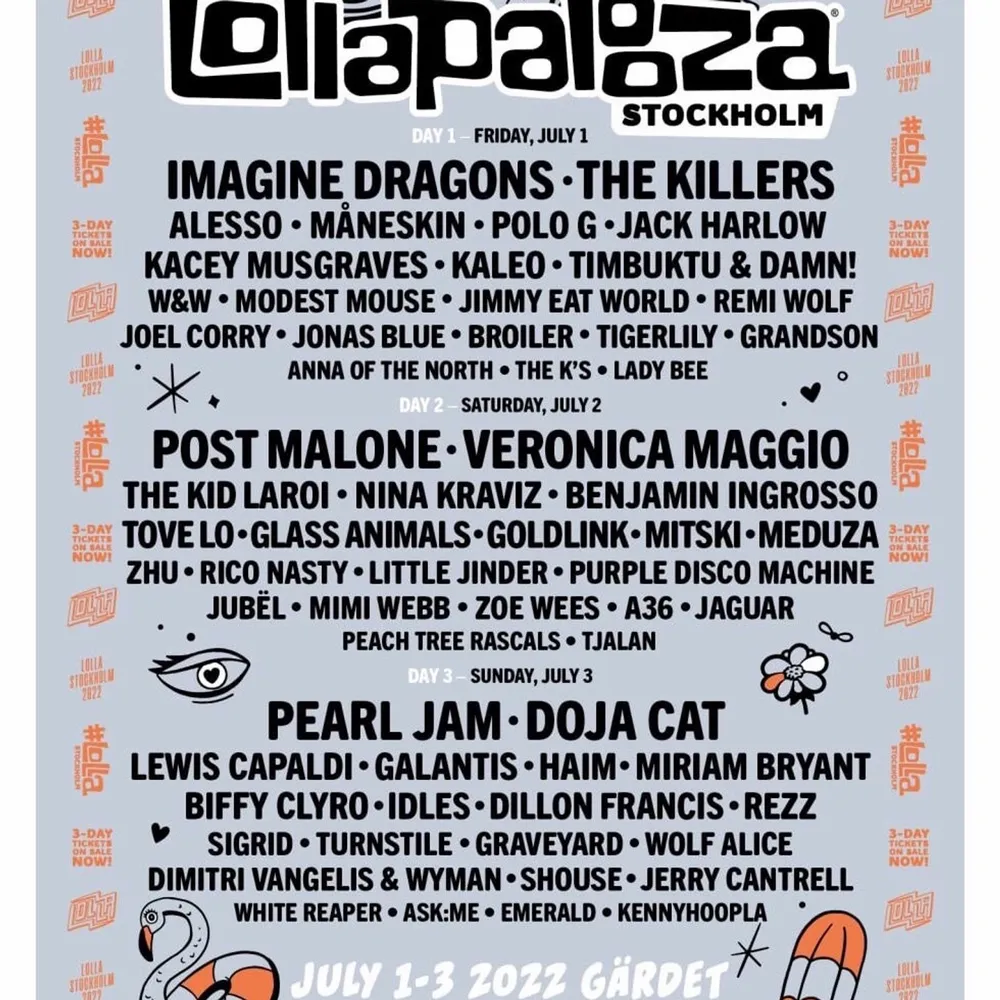 Säljer lollapalooza biljetter för både lördag och söndag, de är separata biljetter. Säljer båda för 2000, annars  1100/ styck. Har biljetterna online med QR kod. Övrigt.