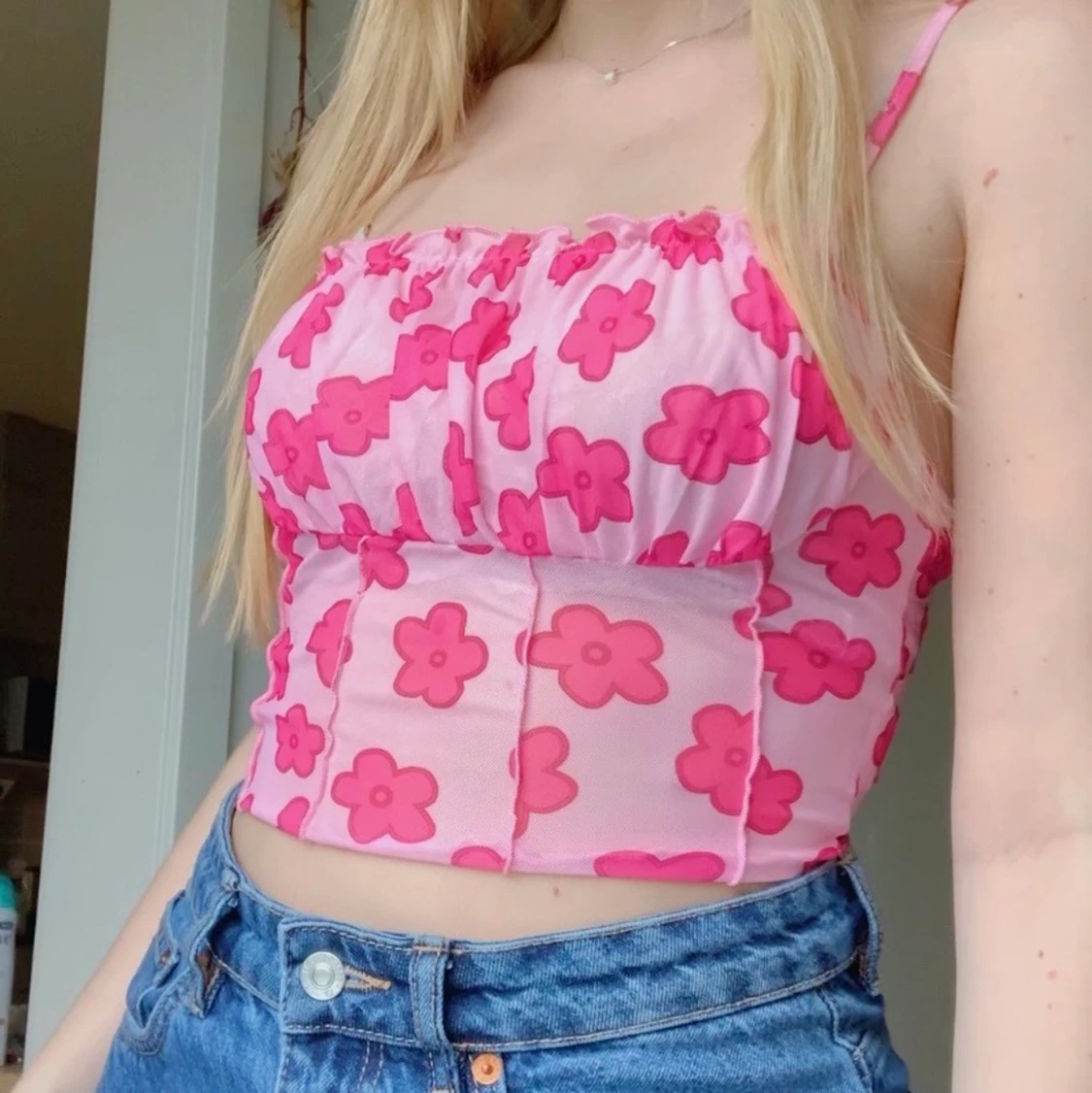 Rosa, blommigt, meshlinne