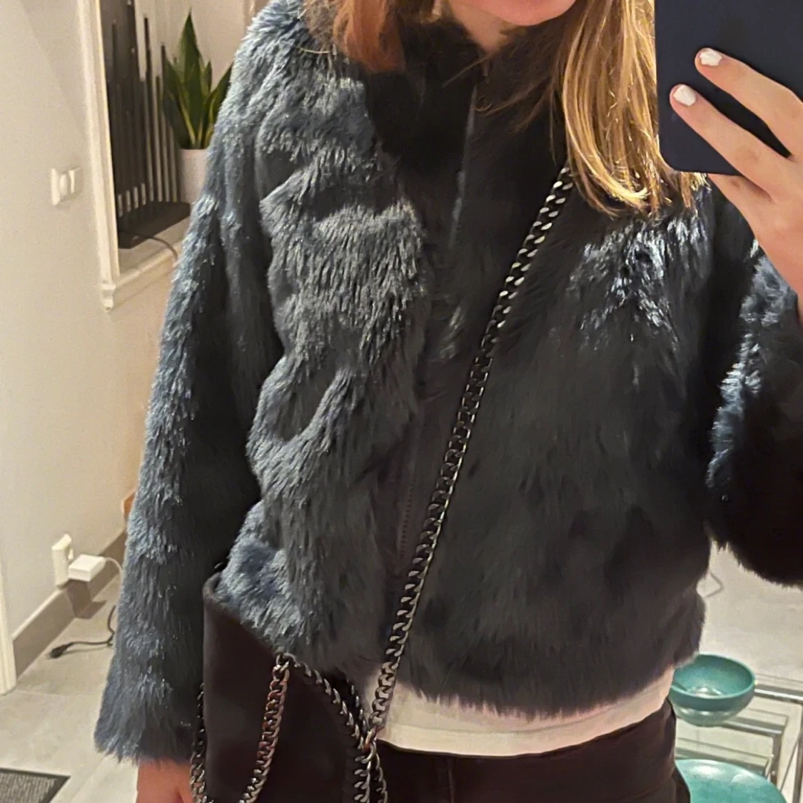 pälsjacka i blå/grå  - 90