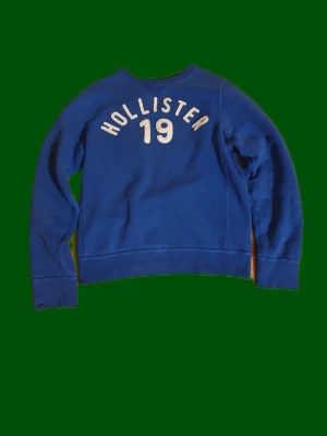 Blå sweatshirt från Hollister - Blå sweatshirt från Hollister med tryck 'HOLLISTER 19' på ryggen. Klassisk rund halsringning och mjukt material som känns skönt mot huden. Perfekt för en avslappnad och sportig stil.