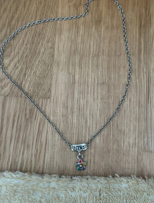 Halsband friends helt nytt  - Bilderna visar ett halsband där det står 'FRIENDS' och en liten blomma med färgglada stenar. Aldrig använd :) 35 cm lång