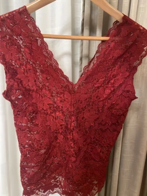 Vinröd spetsblus med v-ringning - Säljer en vinröd blus i spets med v-ringad hals och ärmlös design. Blusen har ett detaljerat blommigt spetsmönster och är lätt transparent. Helt oanvänd eftersom det inte är min stil.