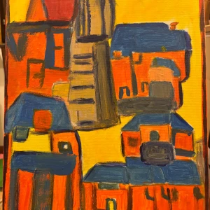 ”Casitas” målat av Yaya - Färgstark målning med ett omslag som visar abstrakta byggnader i orange, blått och gult. Perfekt för dig som gillar konst och kreativa uttryck! Omslaget ger en modern och urban känsla som passar unga vuxna med intresse för design och estetik. Målat av Yaya, original i akryl.