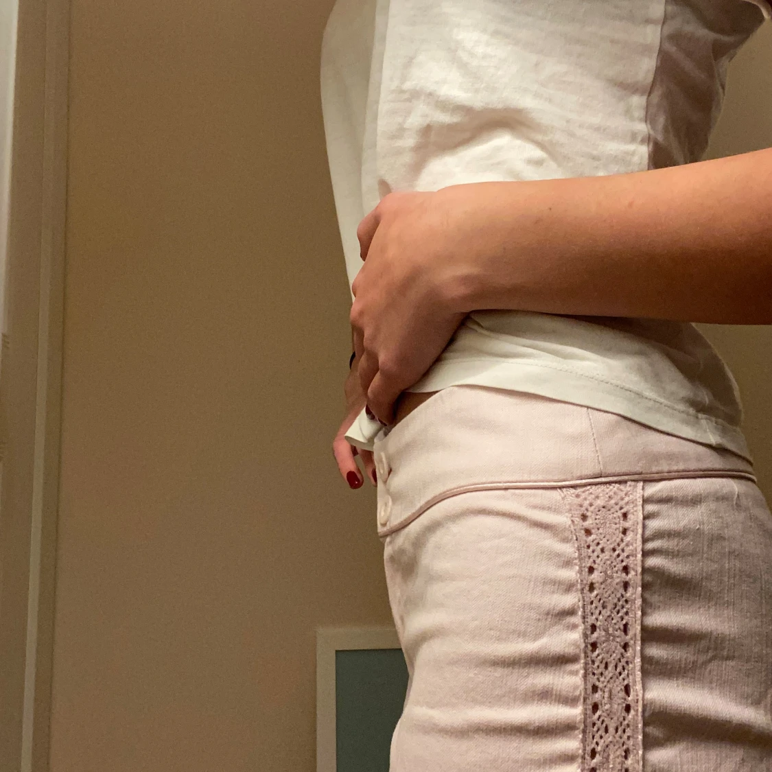 Ljusrosa bootcut byxor med spets - 3