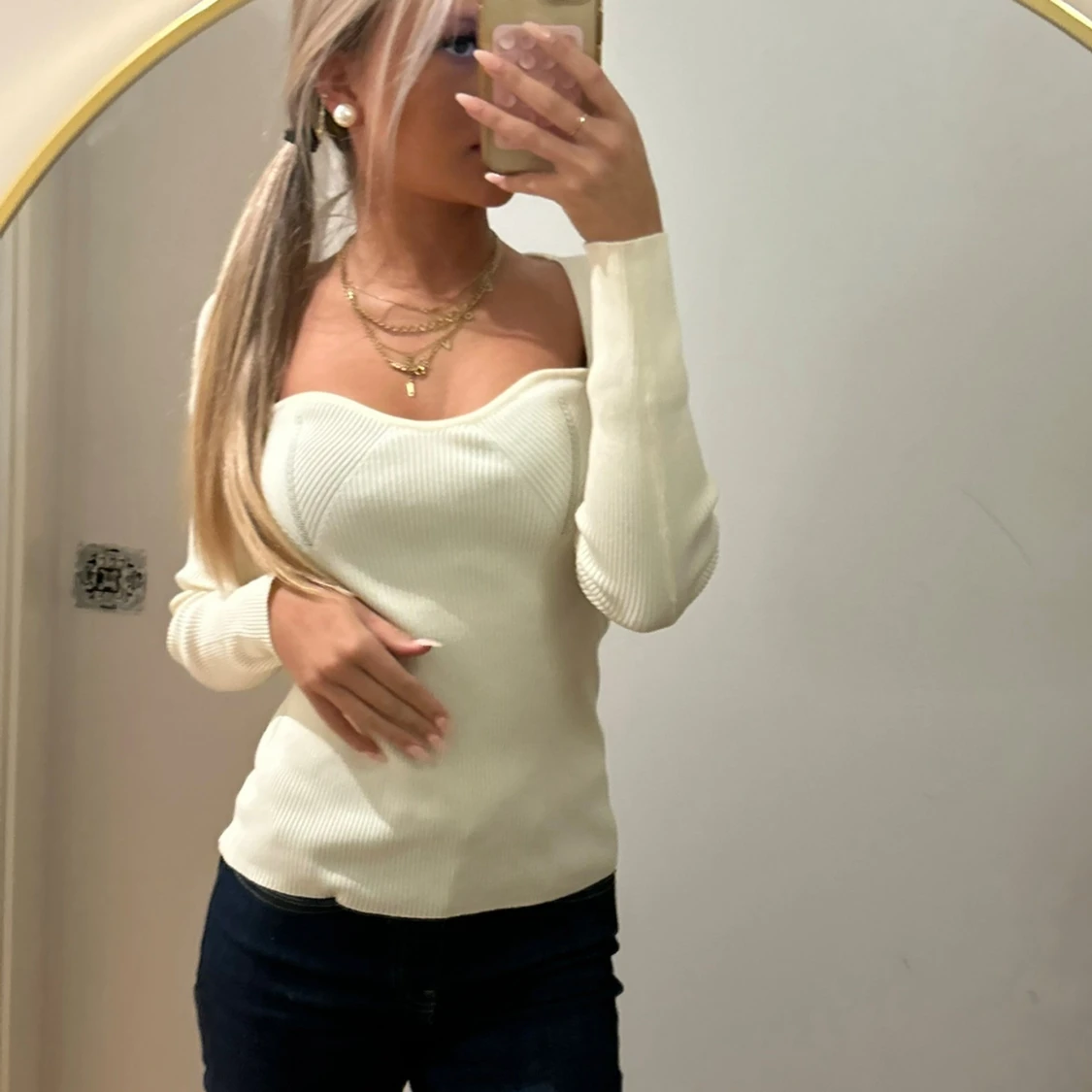 Ribbad vit långärmad korsett-topp - 2