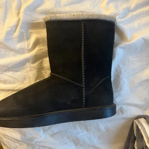 Svarta boots med fuskpälsfoder - Vinter skor i storlek 40, är använda i en vinter men är i fint skick!Mysiga svarta boots från Shepherd med rund tå och platt sula. Utsidan är i mocka och insidan har ett fluffigt fuskpälsfoder som sticker upp vid kanten. Snygga kontrastsömmar och en liten metalllogga på sidan. Perfekta för kalla dagar och enkel att dra på.pris kan diskuteras!🤗