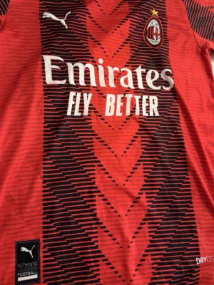 Röd AC Milan Puma matchtröja - Säljer en röd och svart AC Milan matchtröja från Puma med coola grafiska mönster och Emirates-tryck på bröstet. Tröjan har svart V-ringad krage och är tillverkad i lätt och ventilerande syntetmaterial. Perfekt för dig som älskar fotboll och vill sticka ut på planen.