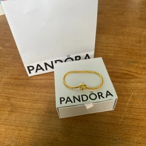 Guldarmband med hjärtlås från Pandora - Snyggt guldpläterat armband från Pandora med ett detaljerat hjärtformat lås. Armbandet har en tunn, elegant kedja och låset är dekorerat med små gröna detaljer som ger en unik touch. Perfekt för dig som vill ha något klassiskt men ändå personligt.