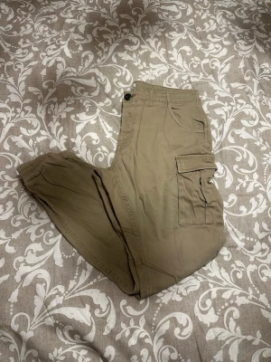 Beige cargopants från Lager 157 - Säljer ett par beige cargopants från Lager 157 med elastiska muddar vid bensluten och flera fickor, inklusive två stora sidofickor med lock. Byxorna har normal passform och är gjorda i mjuk bomull, perfekta för en chill och avslappnad stil.