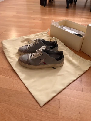 Grå sneakers Axel Arigato med fågel storlek 40 - Snygga grå sneakers från Axel Arigato. Skorna har en broderad fågel på sidan och svarta detaljer vid hälen. Alla tillbehör finns dvs box och jumpa påsar