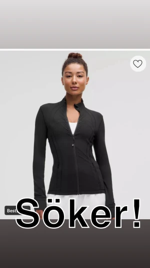 Söker Lululemon Define Jacket - Söker en svart/vit Lululemon Define Jacket i storlek 4 i mycket bra skick eller ny. Den ska vara regelbunden och i denna modell🩷Köper till rimligt pris!