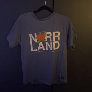 Blå t-shirt från SQRTN Company XS - Blå t-shirt från SQRTN Company med trycket 'The Great Norrland' och en hjortron i orange och grönt på bröstet. Rund hals och korta ärmar. Skön bomullskvalitet, perfekt för dig som gillar streetwear med norrländsk vibe.