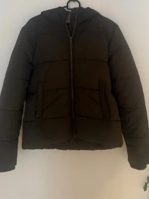 Brun  pufferjacka med huva - Säljer en brun pufferjacka med huva och dragkedja framtill. Jackan har två stora fickor på sidorna och är quiltad i horisontella sektioner. Perfekt för kalla dagar och riktigt skön att bära. 