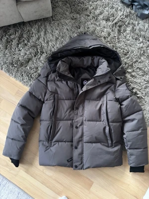 Grå Canada Goose - Snygg grå dunjacka från Canada Goose med huva och svarta detaljer. Jackan har två stora framfickor, quiltad design och patch med logga på ärmen. Perfekt för kalla vinterdagar och riktigt varm tack vare dunfyllningen. 