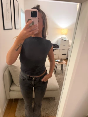 Grå croppad ärmlös topp - Säljer en grå, croppad topp med hög hals och ärmlös design. Toppen har en tight passform och är gjord i ett mjukt, stretchigt material som sitter snyggt mot kroppen. Perfekt att styla med jeans eller kjol för en clean look.