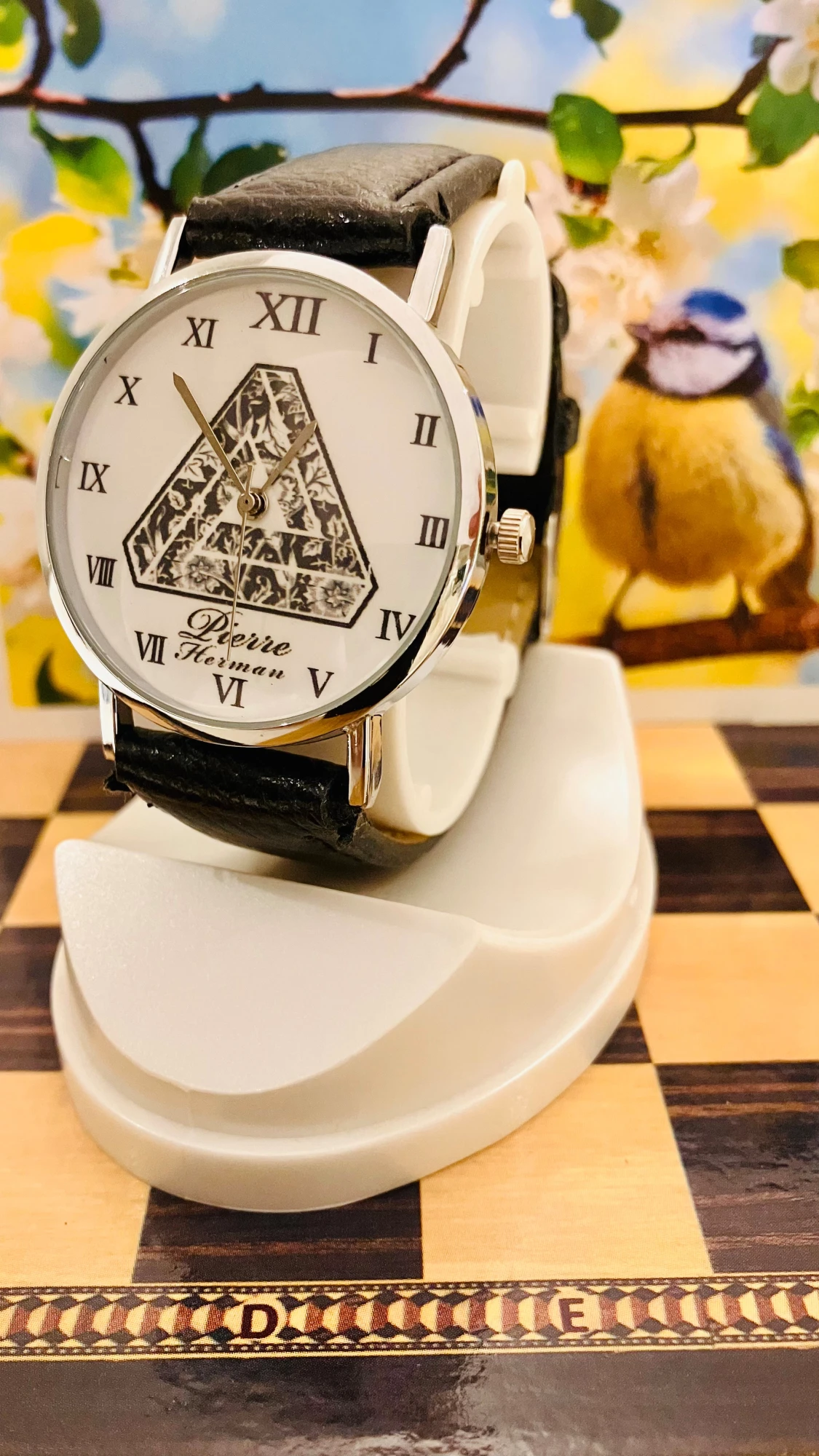 Pierre Herman Silver klocka med svart läderband - 1