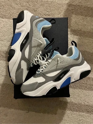 Dior sneakers i grått, vitt och blått - Säljer ett par snygga Dior sneakers med chunky sula i vitt, grått och blått. Skorna har meshdetaljer, paneler i skinn och syntet, samt snörning framtill. Märket syns tydligt på sidan av sulan. Perfekta för dig som gillar statement sneakers med modern vibe.