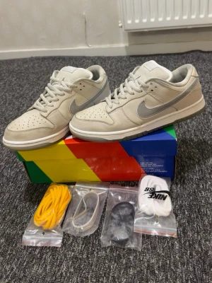 Nike Dunk Low SB grå/vita sneakers - Nike Dunk Low SB sneakers i ljusgrå och vit färg med silvergrå swoosh. Skorna har perforerad tå, platt sula och rund tå. Materialet är skinn och textil, och innersulan har ett rutigt mönster. Flera extra skosnören medföljer i olika färger.