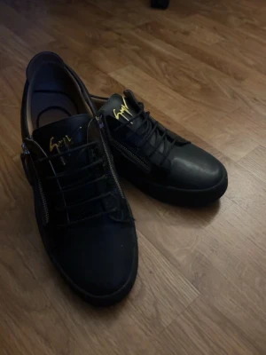 Svarta sneakers från Giuseppe Zanotti - Säljer ett par svarta sneakers från Giuseppe Zanotti med guldfärgad logga på plösen och snygga dragkedjor på sidorna. Skorna har rund tå, snörning och är tillverkade i skinn med platt sula. Perfekt för dig som gillar exklusiv streetstyle.
