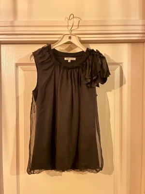 Svart blus med volang från Moods of Norway - Säljer en svart blus från Moods of Norway i storlek 38. Blusen är ärmlös och har en snygg volangdetalj på ena axeln. Materialet är tunt och lätt, vilket ger ett luftigt intryck. Perfekt för dig som gillar stilrena och unika detaljer som är perfekt för utgång eller fin middag. Nypris 699 kronor. Använd fåtal gånger och inga tecken på slitage.