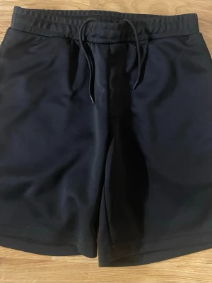 Träningshorts från Jack & Jones - Säljer ett par svarta shorts från Jack & Jones med elastisk midja och snörning. Loggan sitter snyggt på benet. Knappast använd 