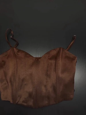 Brun korsettopp från Zara i satin - Säljer en brun oanvänd korsettopp från Zara i storlek S. Toppen har smala justerbara axelband och är gjord i ett glansigt satinmaterial som ger en lyxig känsla. Den har en figurnära passform och stilrena sömmar framtill för extra struktur.