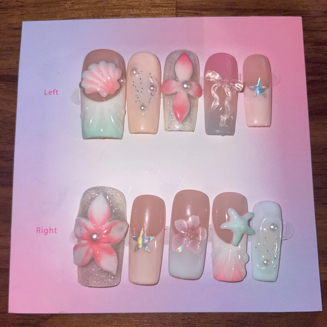 S - Press-on naglar med 3D-blommor & snäckskal - 3