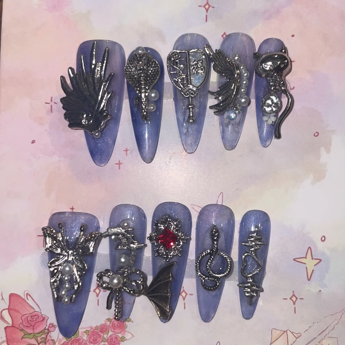 S - Lila/blå press-on naglar med 3D dekorationer