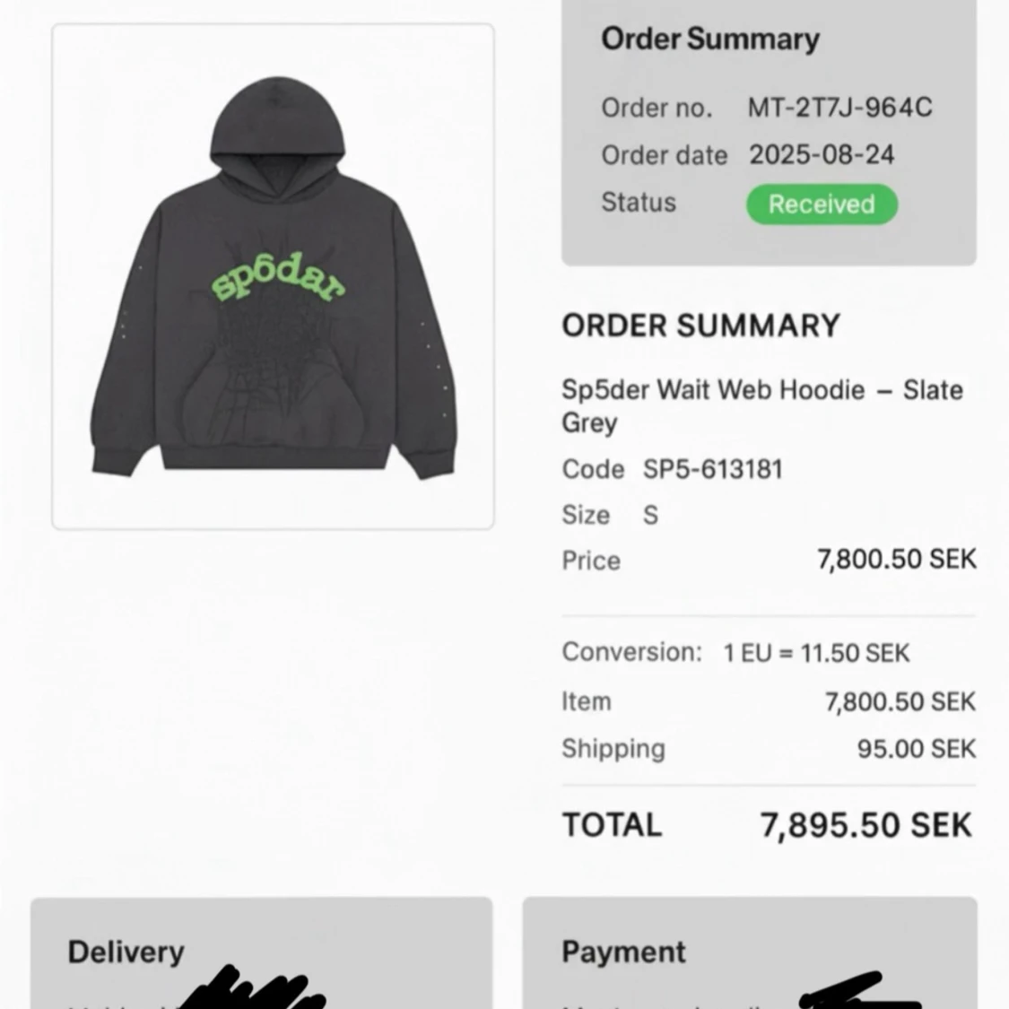 Sp5der Wait Web Hoodie Slate Grey - Inkl. Kvitto - 4