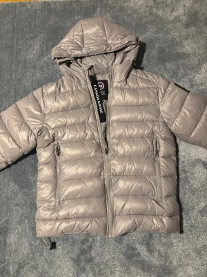 Ljusgrå dunjacka från Canada Goose - Säljer en ljusgrå dunjacka från Canada Goose med huva och två stora fickor med dragkedja. Jackan har quiltad design, svart logotyp på ärmen och justerbar nederkant. Perfekt för kalla dagar och riktigt snygg till streetwear.