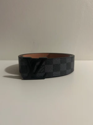  rutig svart bälte - Säljer ett stilrent bälte med klassiskt rutigt mönster i svart och grått. Bältet har en snygg logga som spänne och är tillverkat i skinn. Perfekt accessoar för att lyfta din outfit.